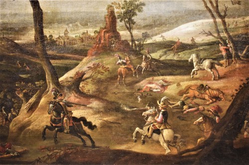 XVIIe siècle - Assaut sur le village avec choc des chevaliers, école flamande du XVIIe